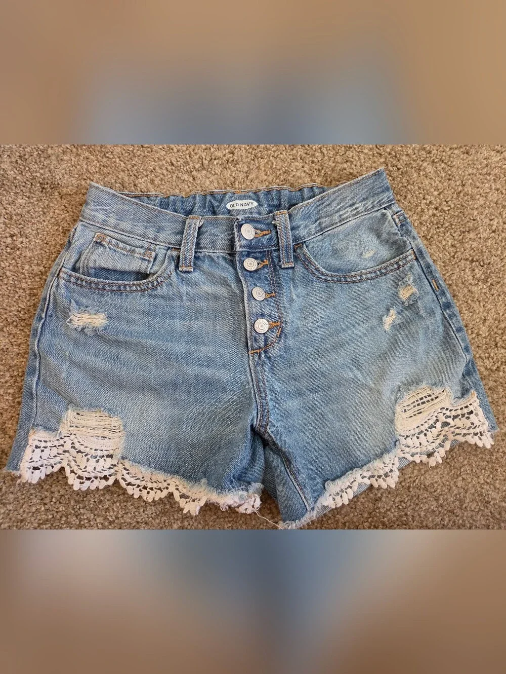 Old Navy Light Wash Denim Lace Trim High-Waist Shorts